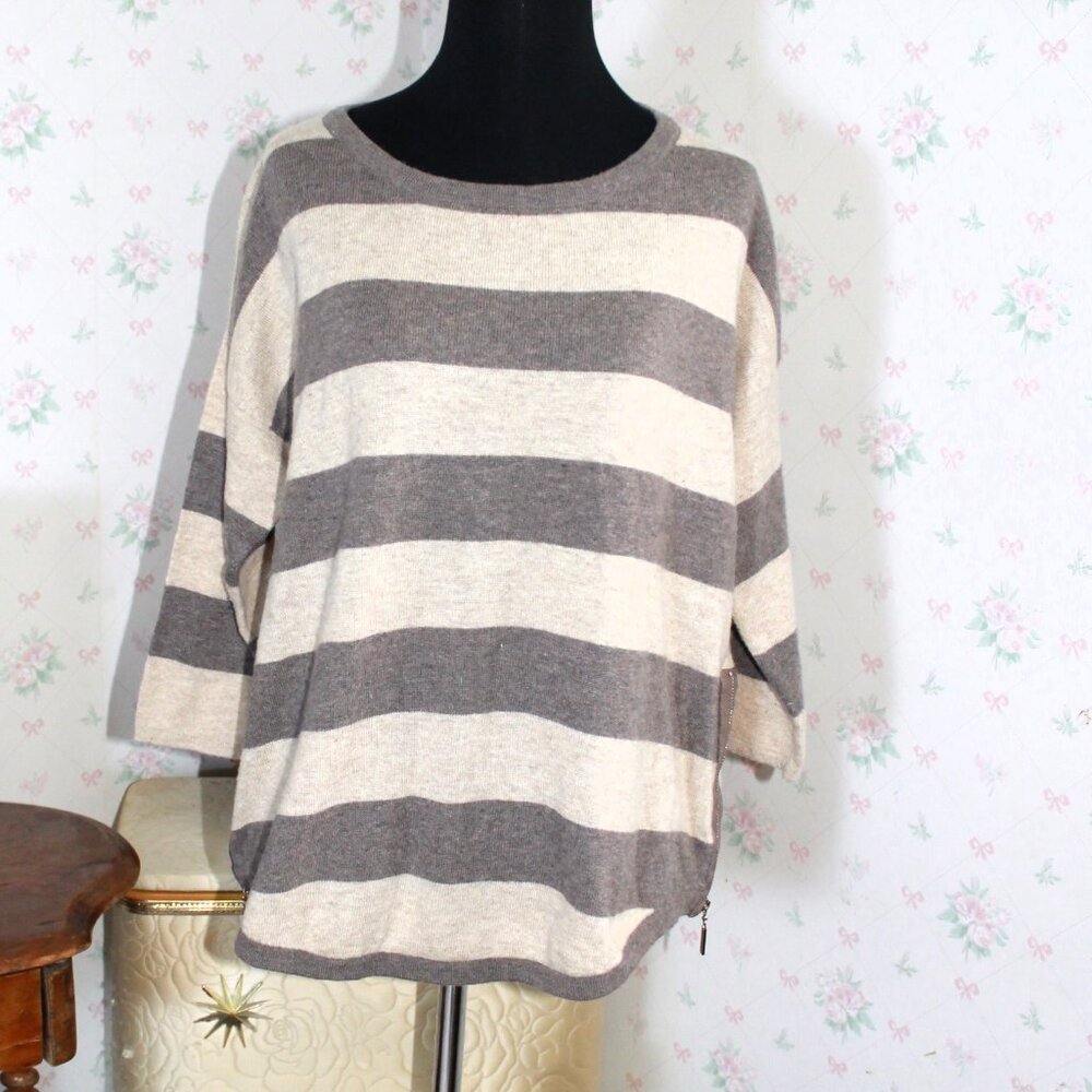 Sioni Striped Sweater, Brown & Beige Angora Cashmere Blend, Large